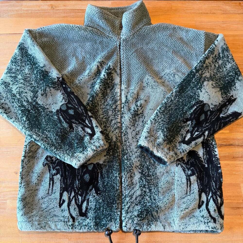 Vintage 90s Mazmania Horse Fleece Jacket XL Scenic Wild Horses Gorpcore USA Made